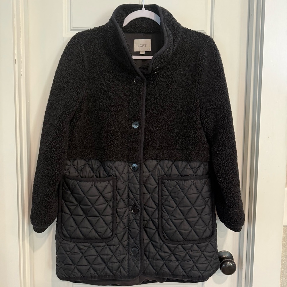 LOFT Black Sherpa Fleece Quilted Mixed Media Jacket Coat Size SP EUC